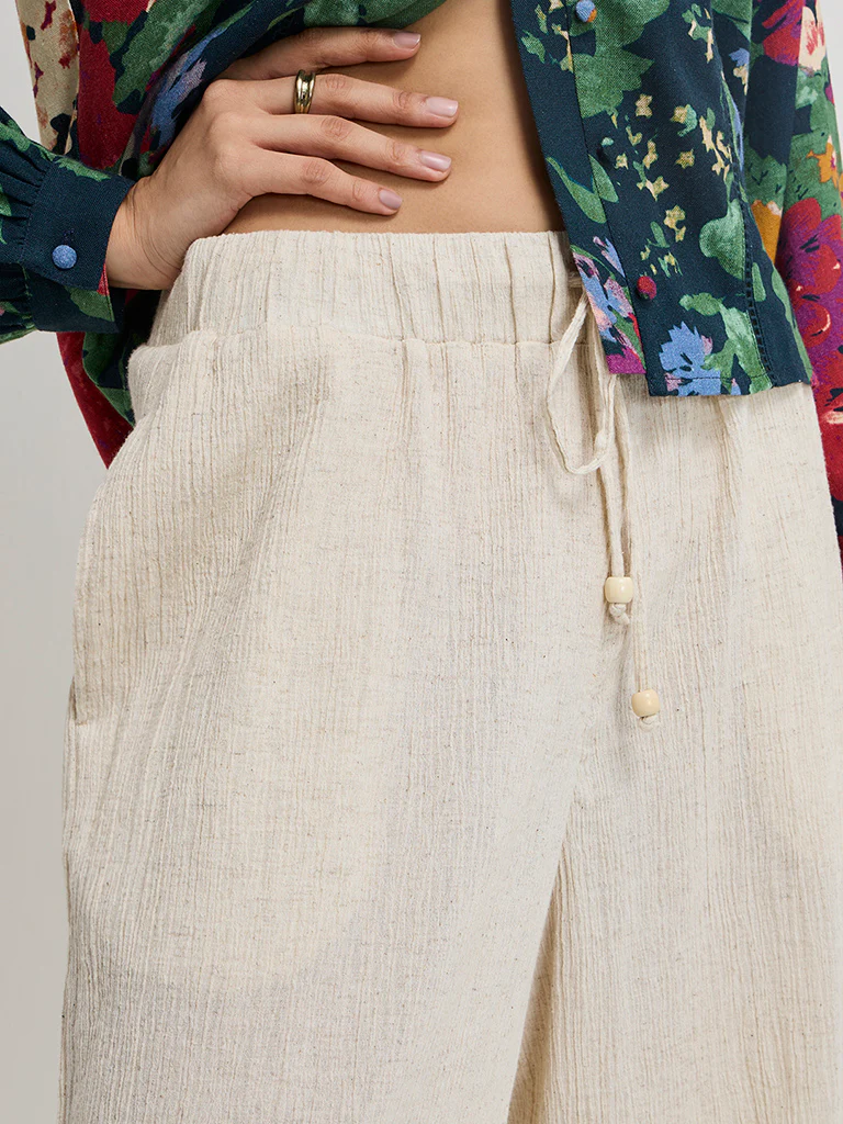 LOV Beige Crinkle-Textured High-Rise Cotton Blend Pants - Image 2