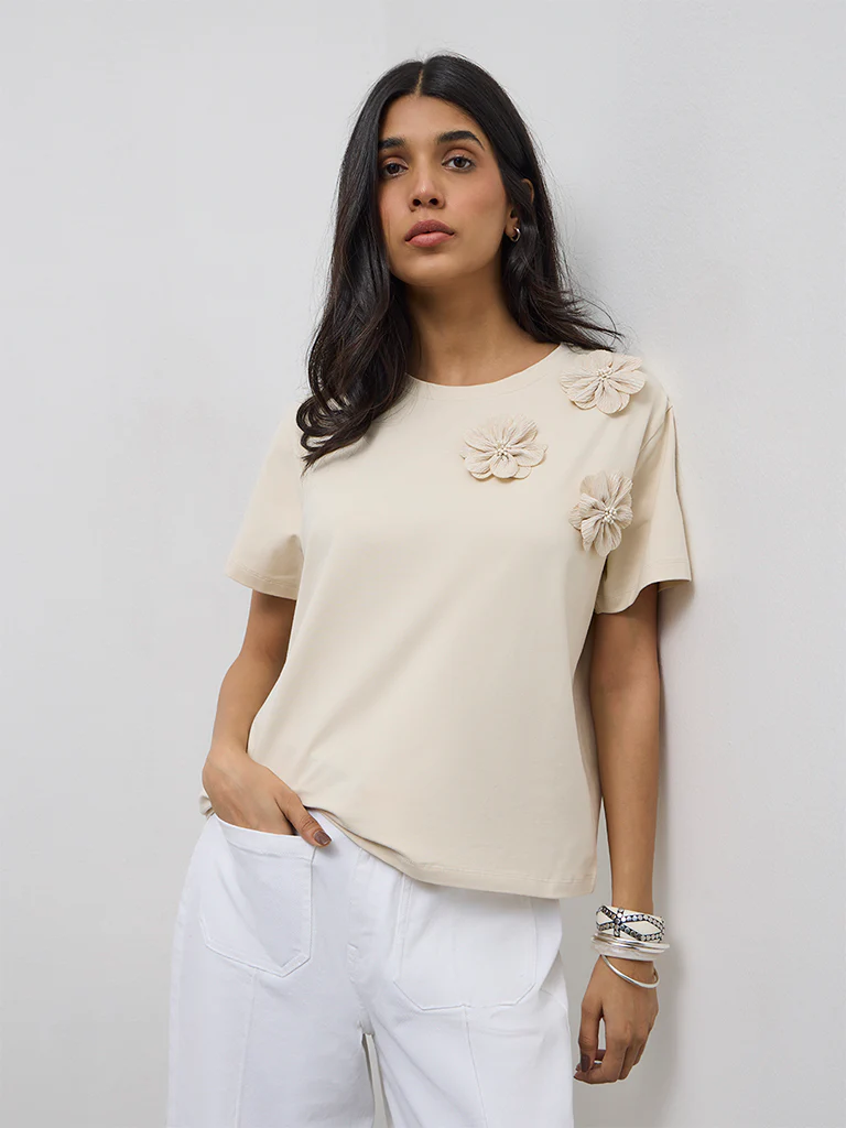 LOV Beige Floral Applique Cotton-Blend T-Shirt