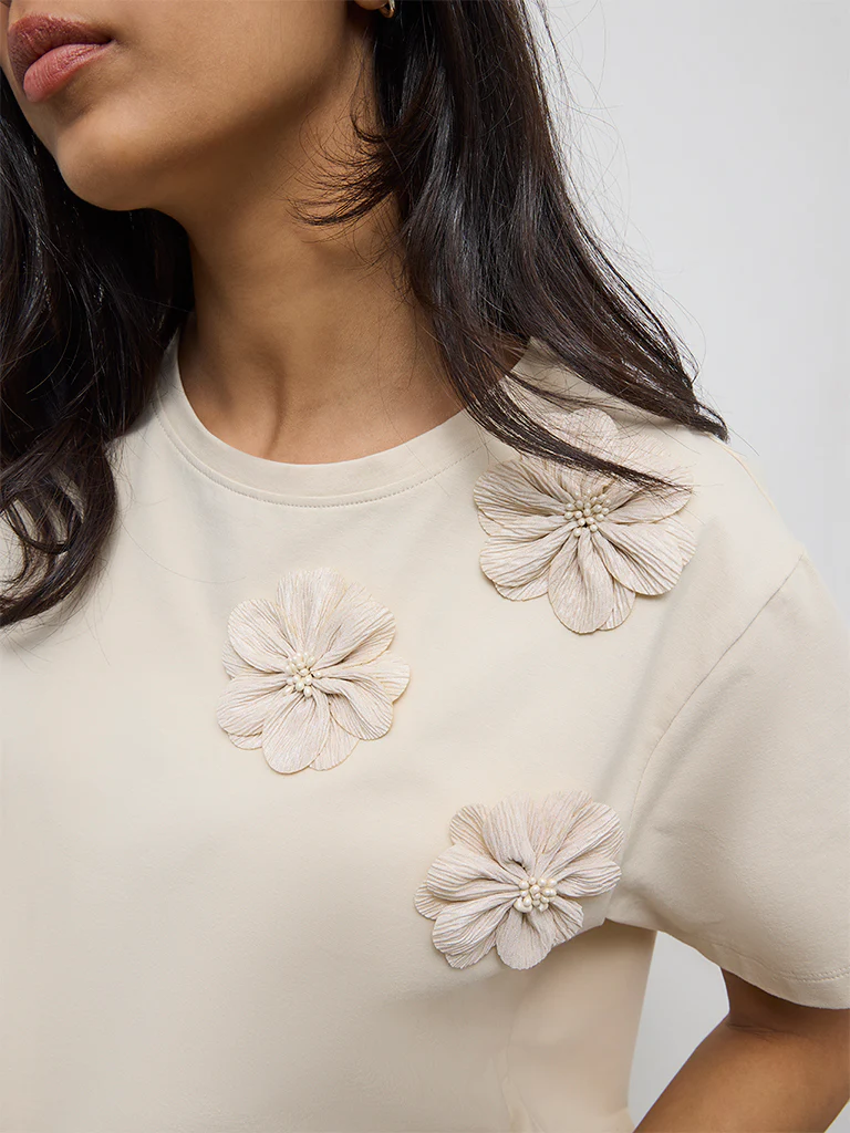 LOV Beige Floral Applique Cotton-Blend T-Shirt - Image 3