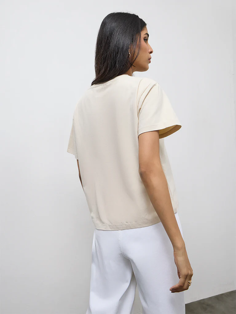 LOV Beige Floral Applique Cotton-Blend T-Shirt - Image 4