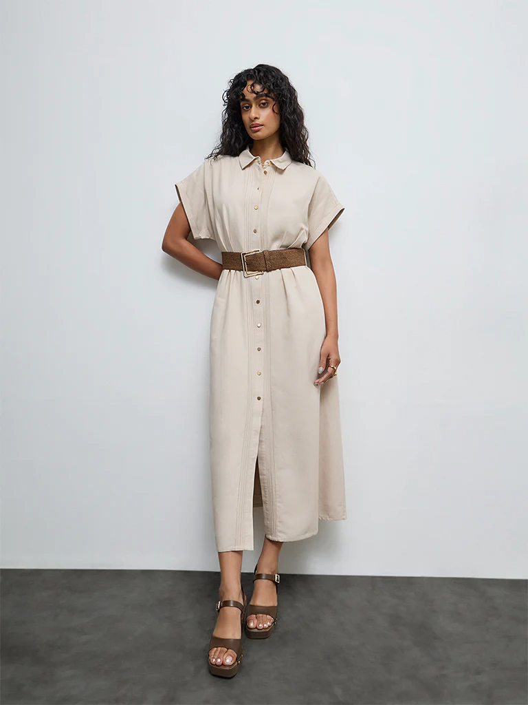 LOV Beige Pintuck Detailed Shirt Dress with Belt