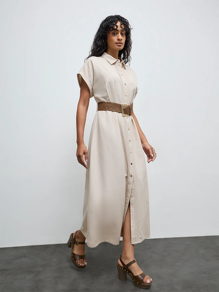 LOV Beige Pintuck Detailed Shirt Dress with Belt - Image 2