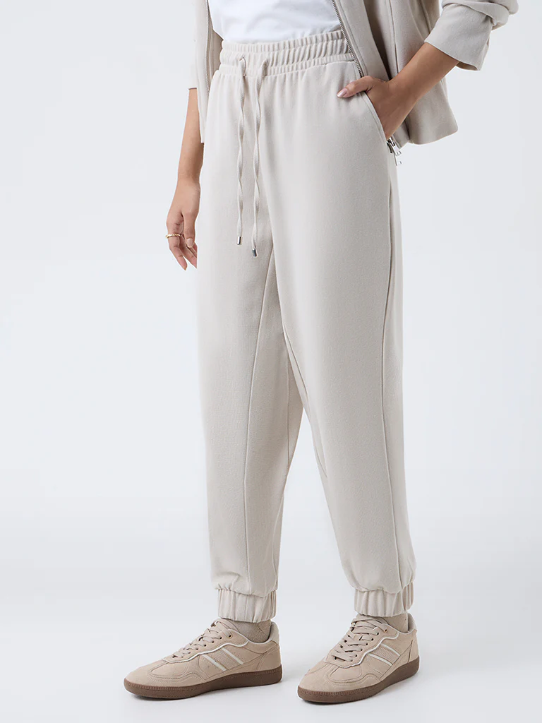 LOV Beige Solid High-Rise Joggers - Image 2