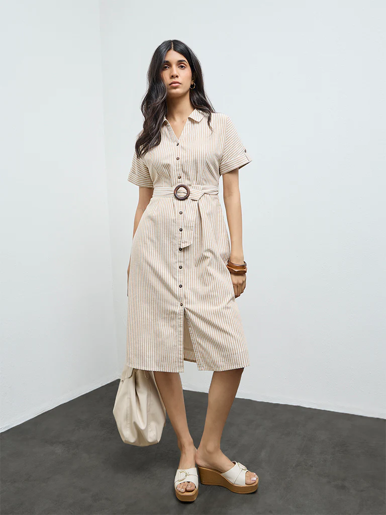 LOV Beige Striped Cotton-Blend Shirt Dress with Belt - Image 2