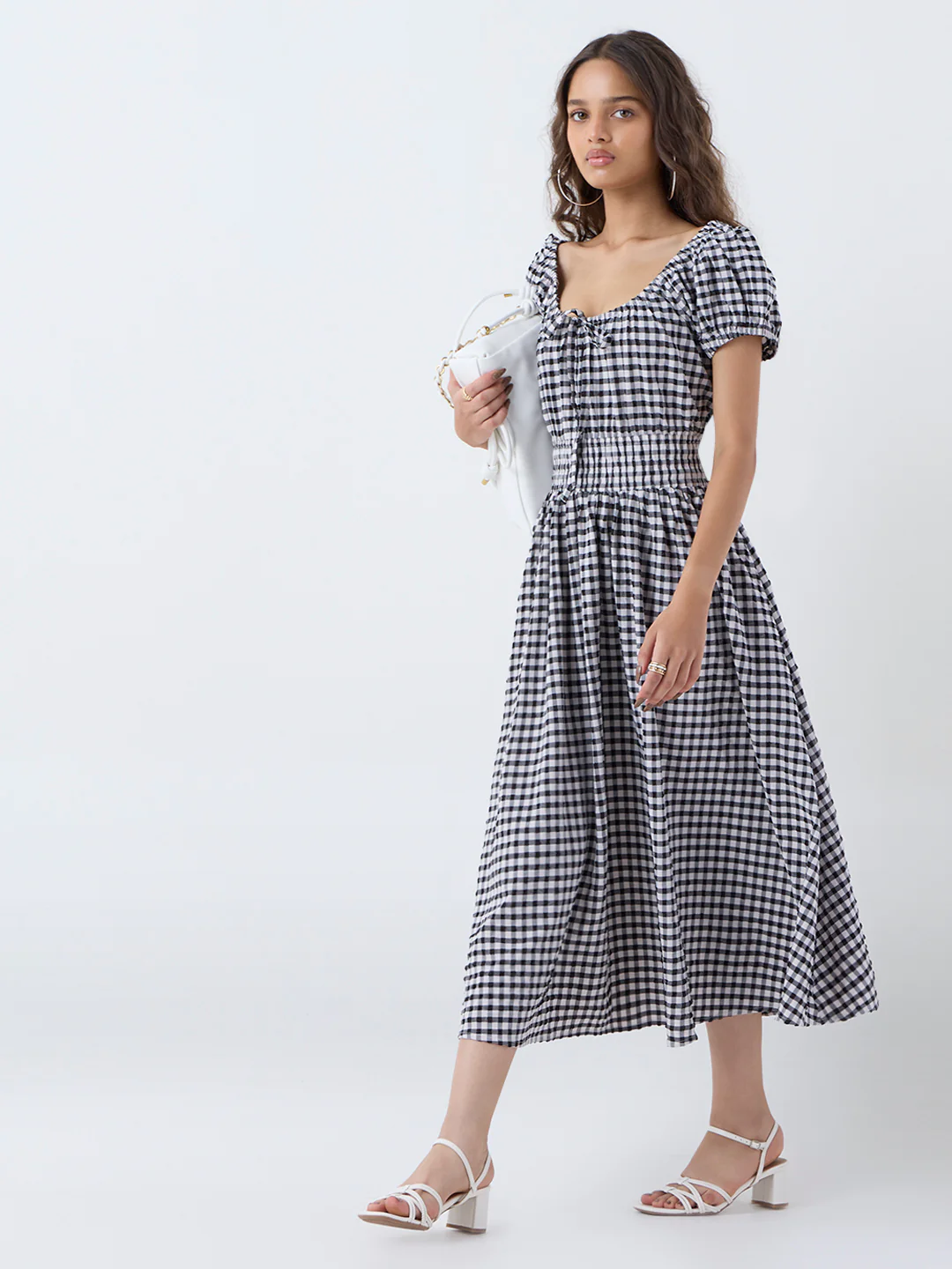 LOV Black Checkered A-Line Cotton Dress
