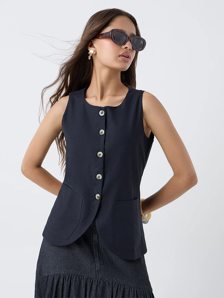 LOV Black Cotton-Blend Waistcoat - Image 2