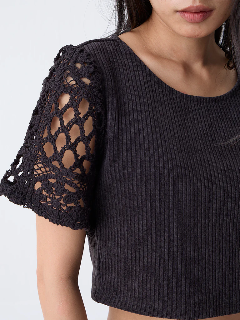 LOV Black Crochet-Detailed Ribbed Top - Image 3