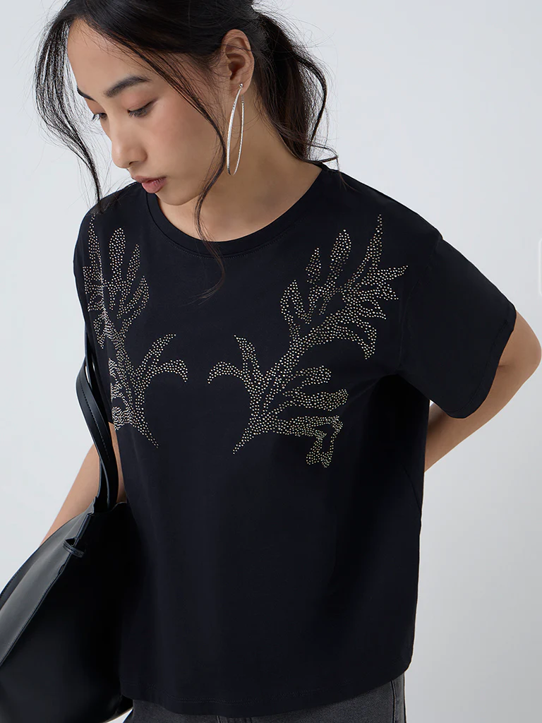 LOV Black Embellished Cotton T-Shirt - Image 3
