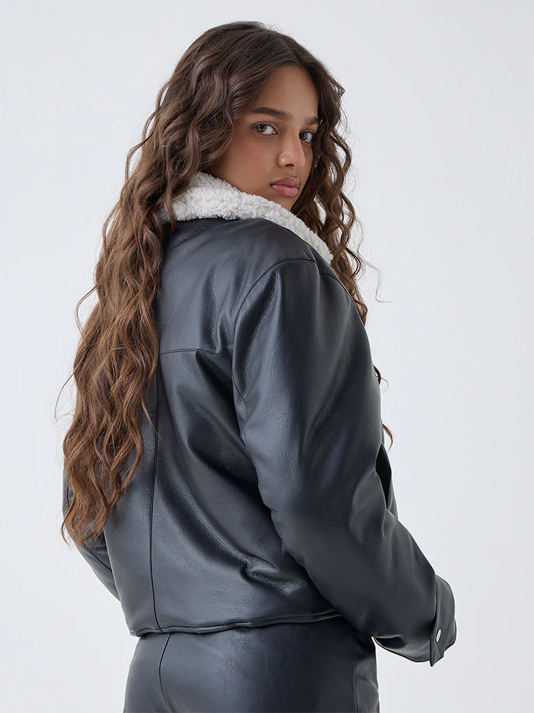 LOV Black Faux Leather Bomber Jacket - Image 4