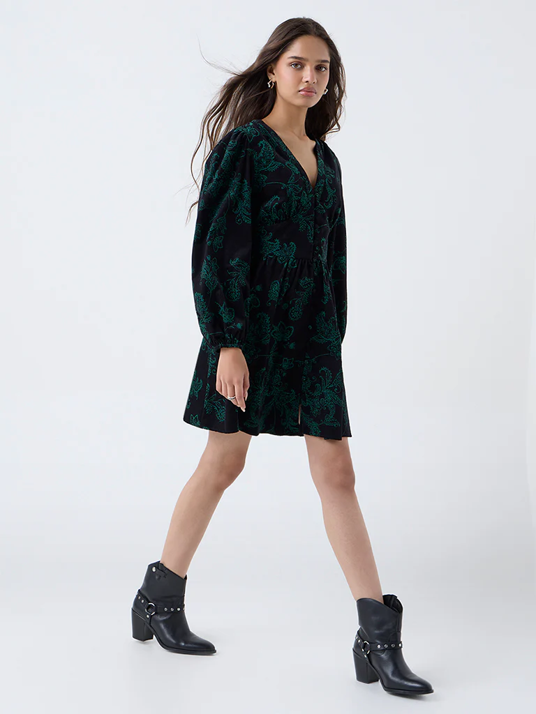 LOV Black Floral Design Cotton A-Line Dress