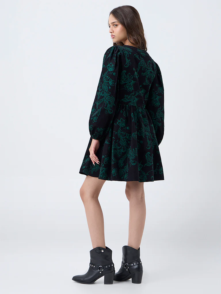 LOV Black Floral Design Cotton A-Line Dress - Image 4