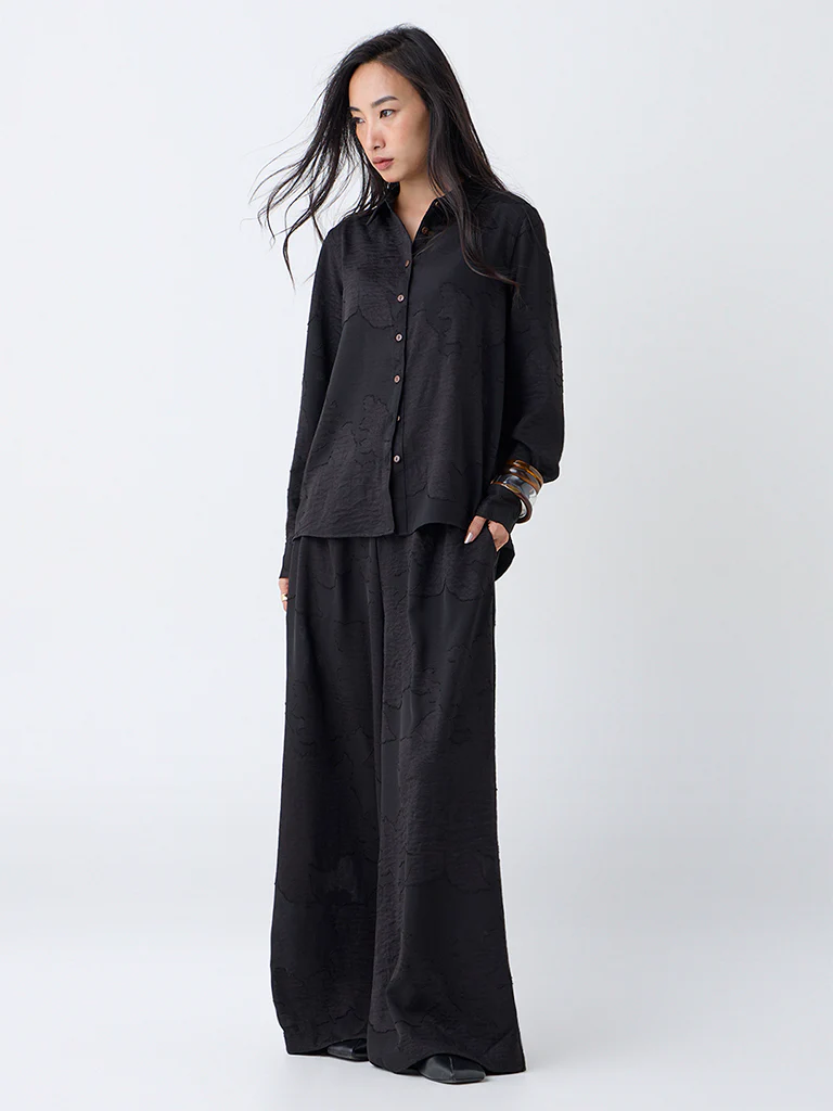 LOV Black Floral Design High-Rise Trousers