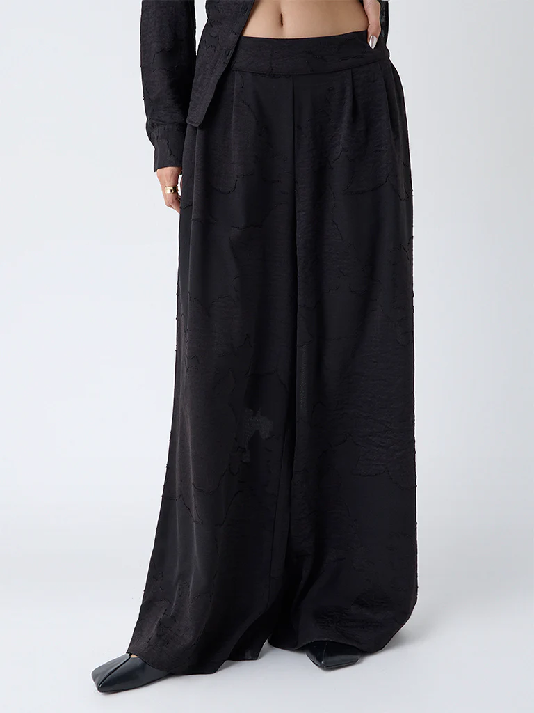 LOV Black Floral Design High-Rise Trousers - Image 2