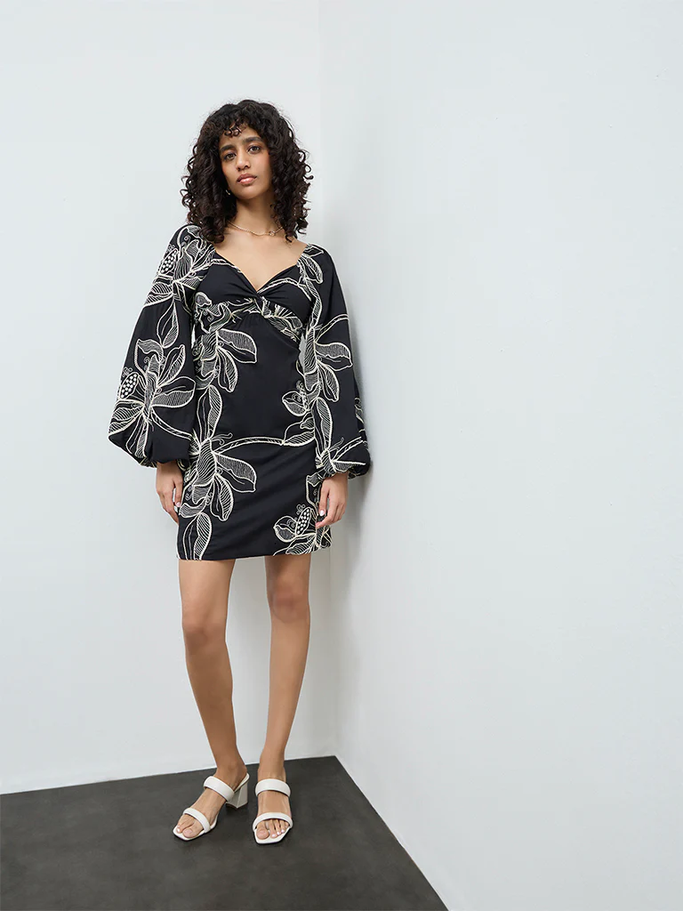 LOV Black Floral Embroidered Cotton A-Line Dress