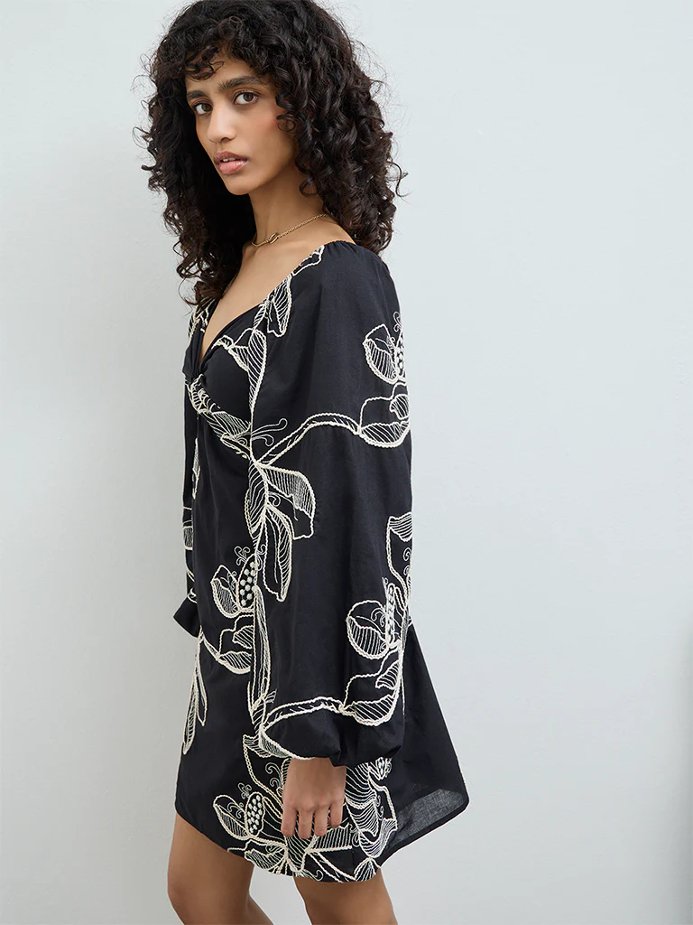 LOV Black Floral Embroidered Cotton A-Line Dress - Image 2