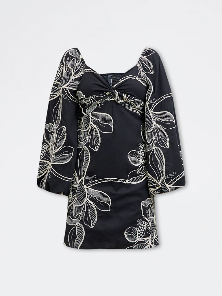 LOV Black Floral Embroidered Cotton A-Line Dress - Image 5