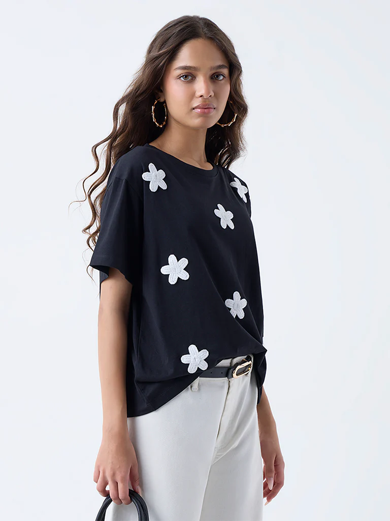 LOV Black Floral Embroidered Cotton T-Shirt - Image 2