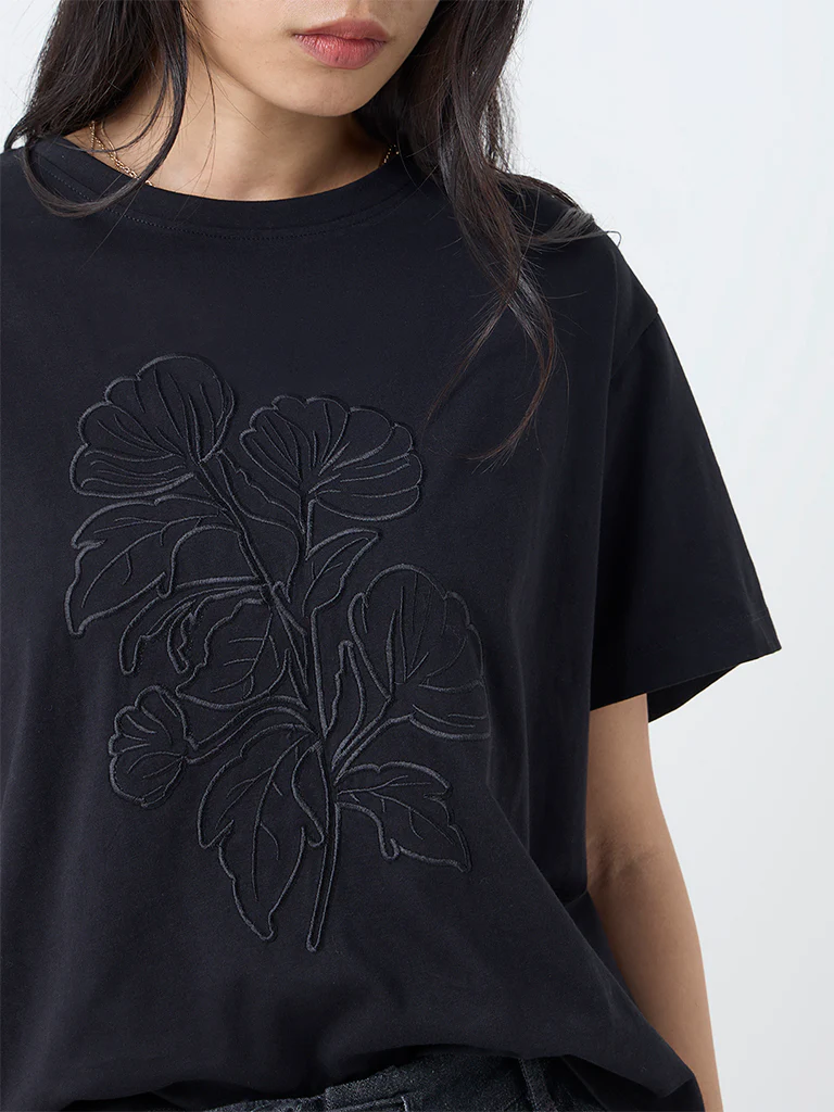 LOV Black Floral Embroidered Cotton T-Shirt - Image 3