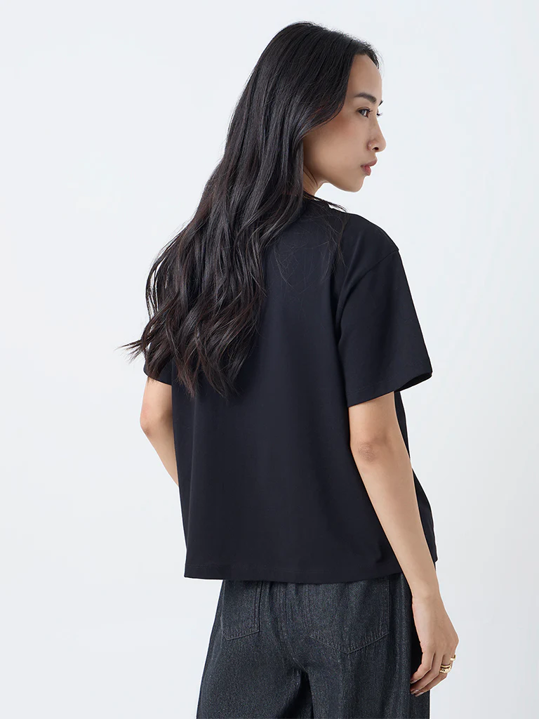 LOV Black Floral Embroidered Cotton T-Shirt - Image 4