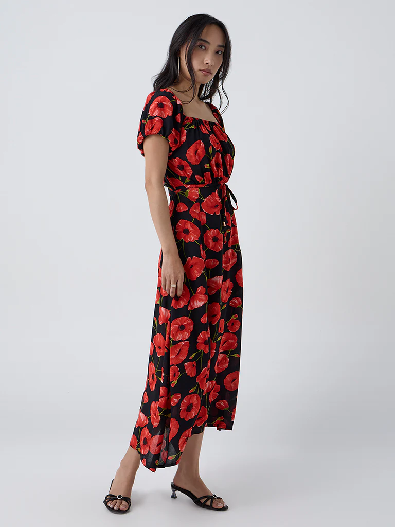 LOV Black Floral Pattern A-Line Dress - Image 2