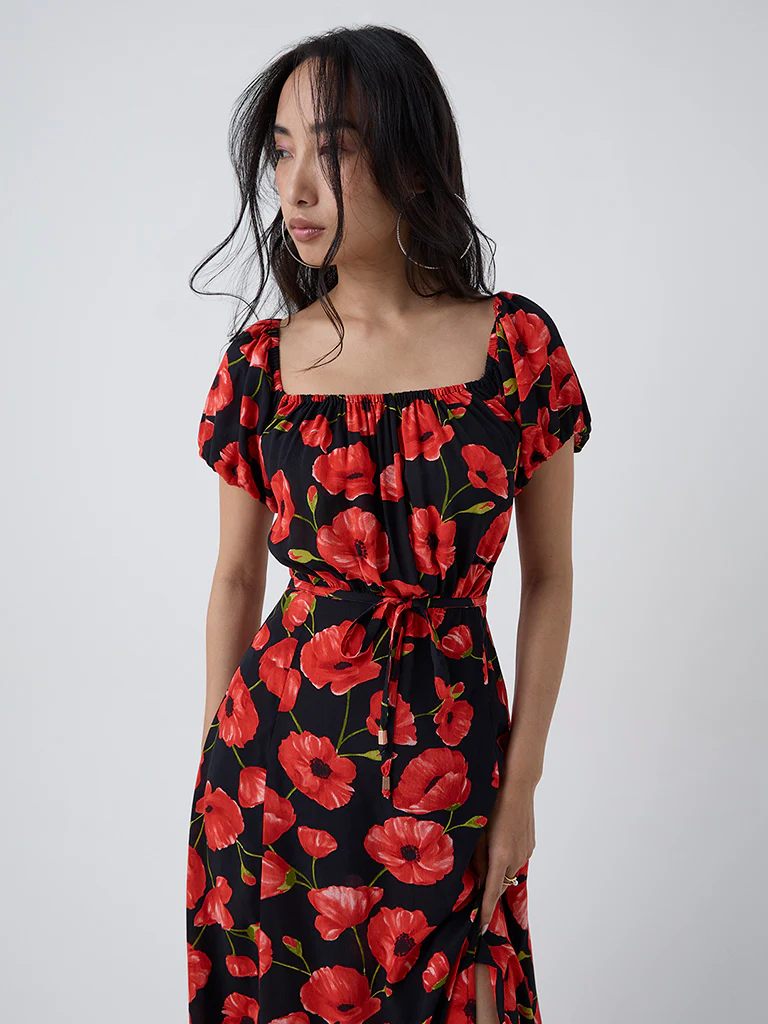 LOV Black Floral Pattern A-Line Dress - Image 3