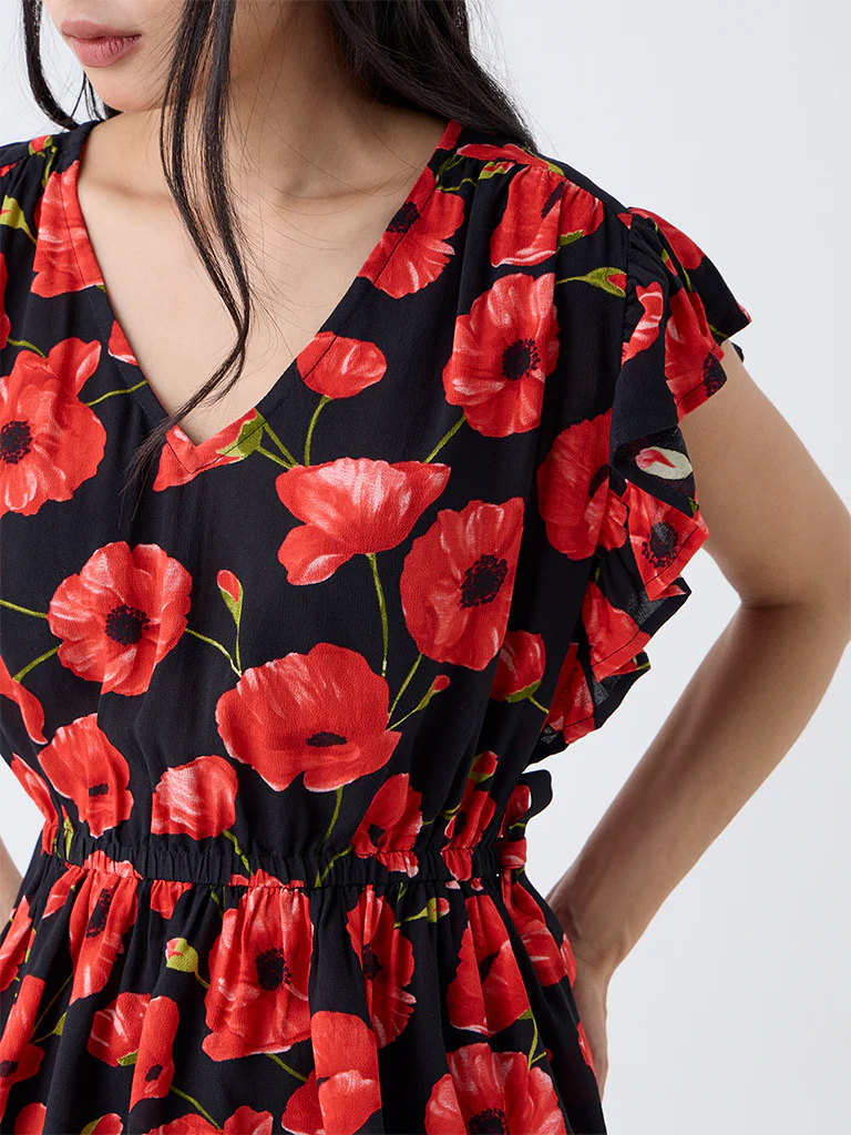 LOV Black Floral Pattern Peplum Top - Image 3