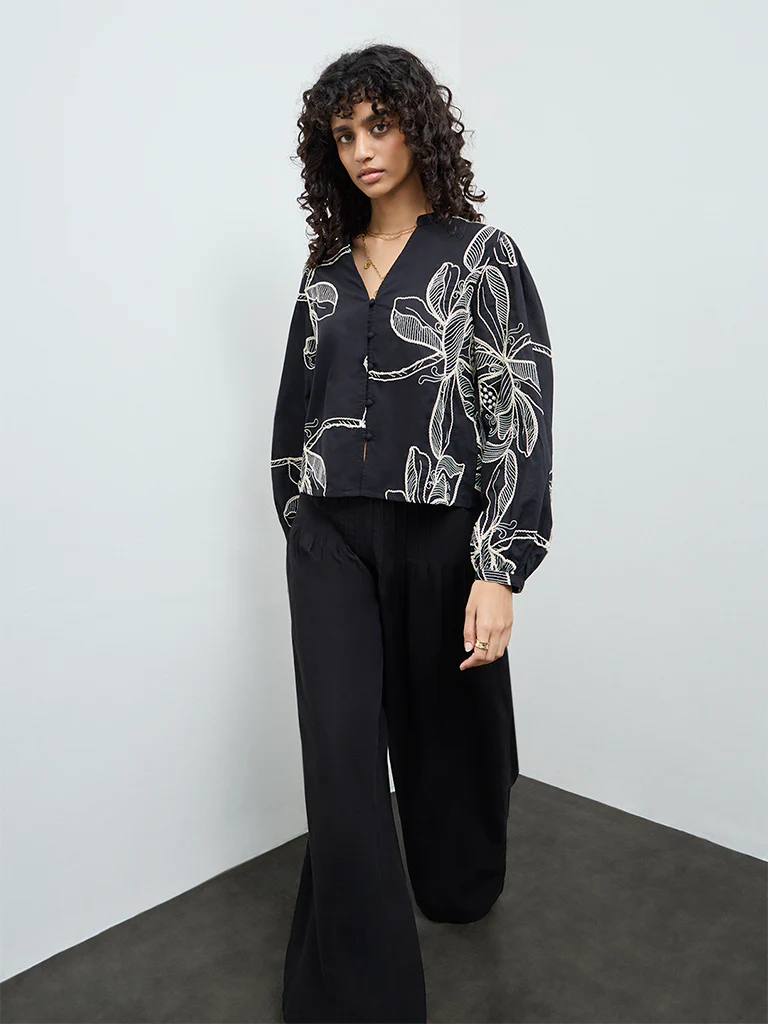 LOV Black Foliage Embroidered Cotton Blouse - Image 2