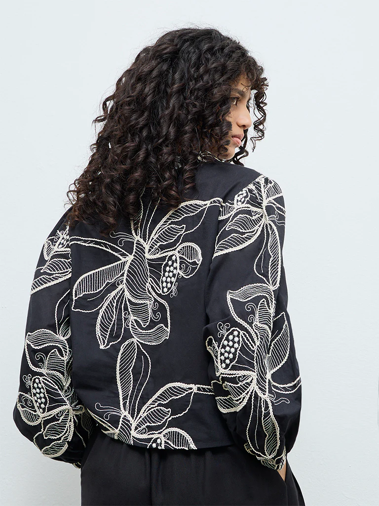 LOV Black Foliage Embroidered Cotton Blouse - Image 4