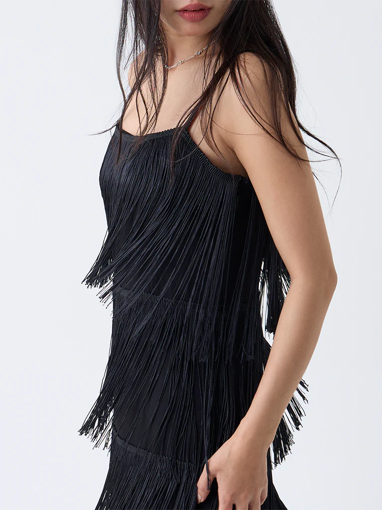 LOV Black Fringe-Detailed Straight Dress - Image 3