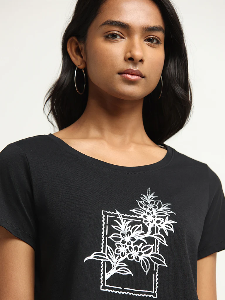 LOV Black Graphic Print Cotton T-Shirt - Image 2