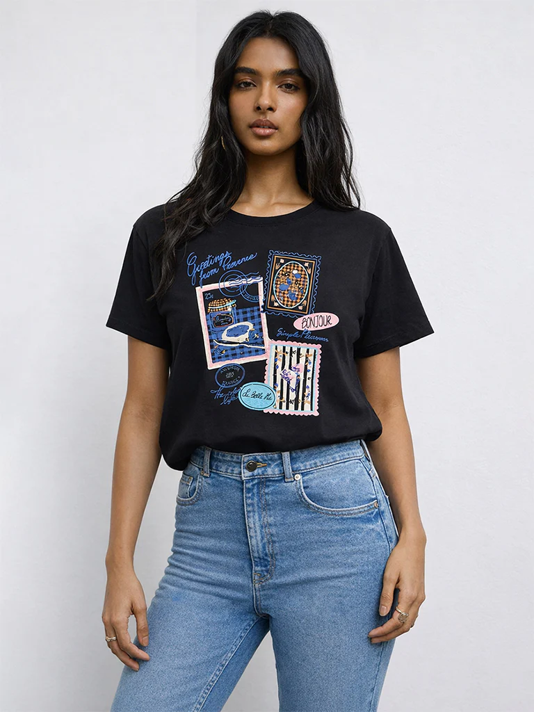 LOV Black Graphic Printed Cotton T-Shirt - Image 2
