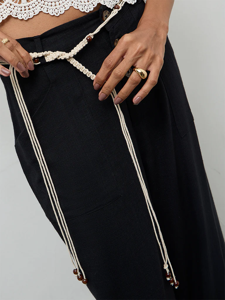 LOV Black High-Rise Linen Trousers with Belt - Image 3