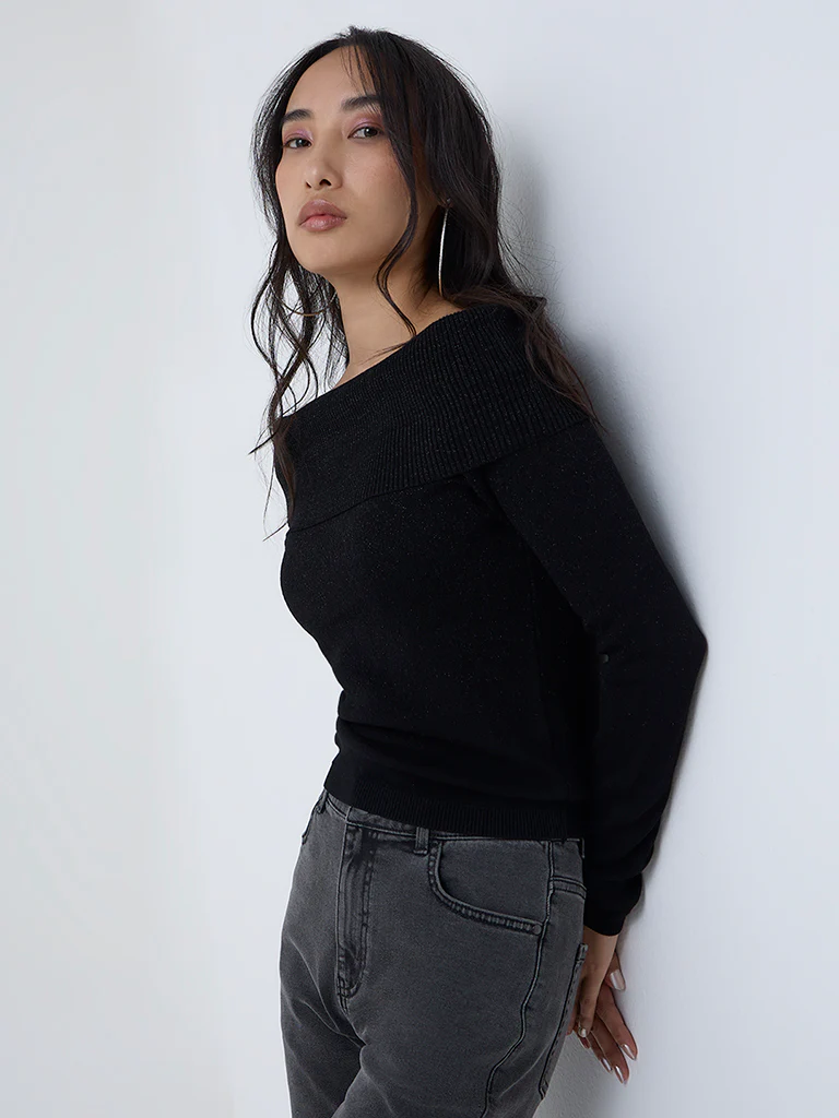 LOV Black Knit-Textured Off-Shoulder Top - Image 2