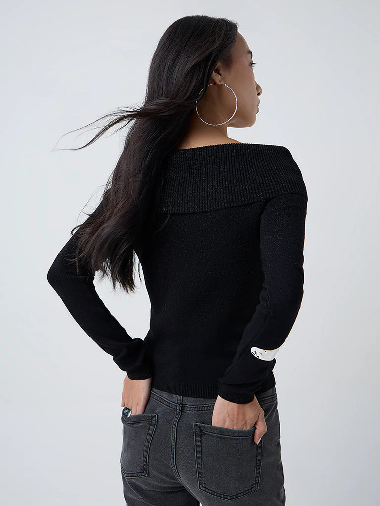 LOV Black Knit-Textured Off-Shoulder Top - Image 4