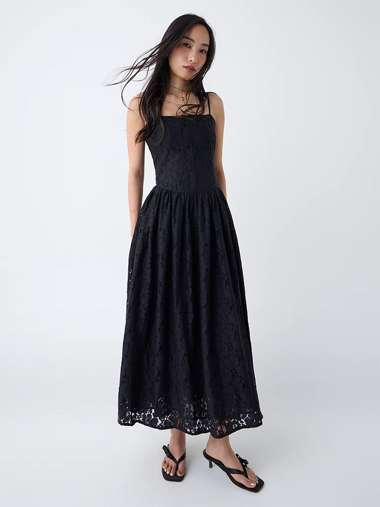 LOV Black Lace Detailed Cotton A-Line Dress - Image 2