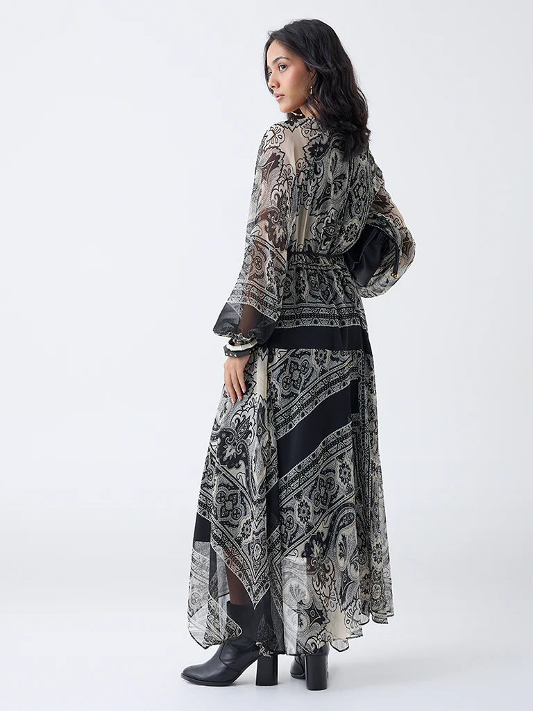 LOV Black Paisley Printed Asymmetric Dress with Belt - Image 4