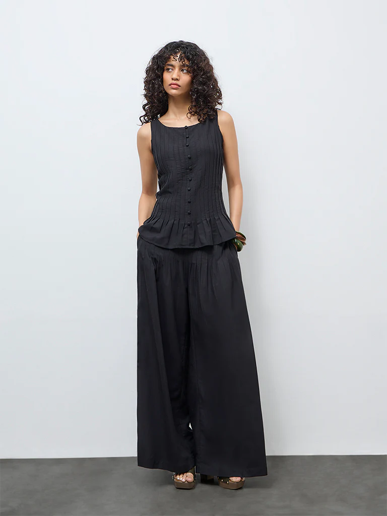 LOV Black Pintuck-Detailed High-Rise Pants