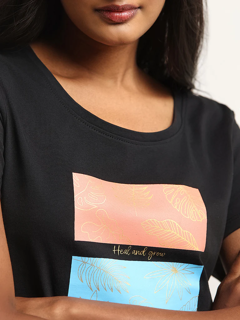 LOV Black Printed Cotton T-Shirt - Image 2
