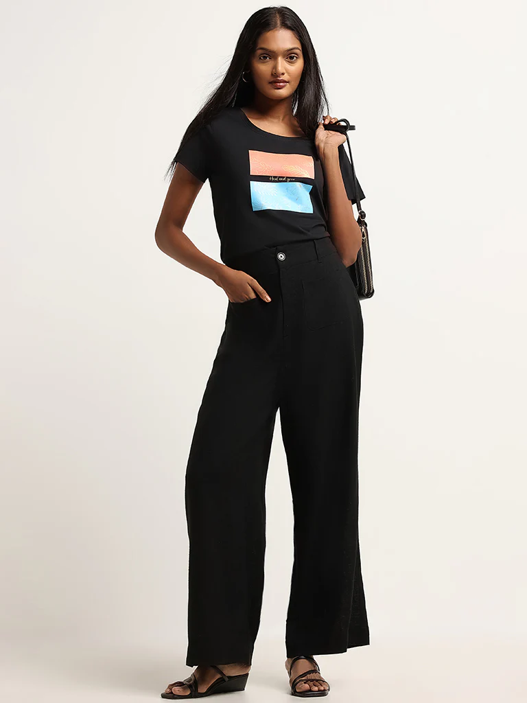 LOV Black Printed Cotton T-Shirt - Image 3