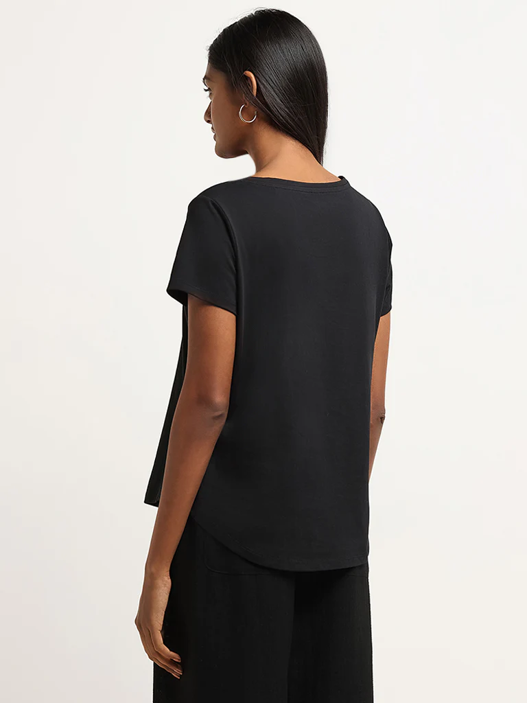 LOV Black Printed Cotton T-Shirt - Image 4
