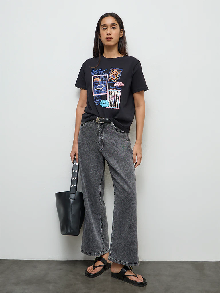 LOV Black Printed Cotton T-Shirt