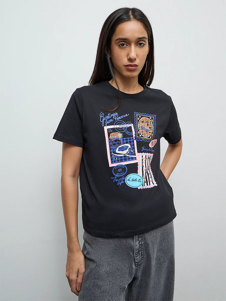 LOV Black Printed Cotton T-Shirt - Image 2