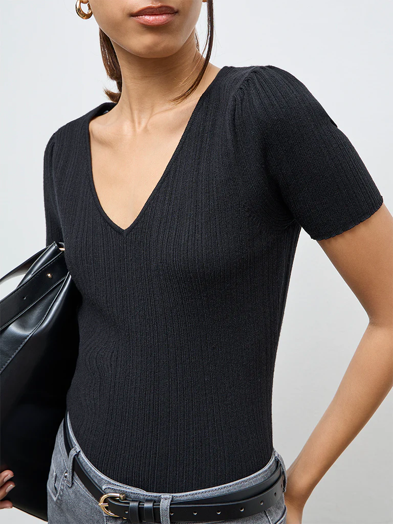 LOV Black Ribbed-Textured Top - Image 3