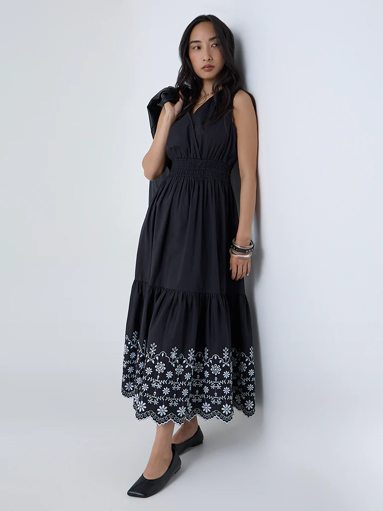 LOV Black Schiffli Embroidered Cotton Tiered Dress - Image 2