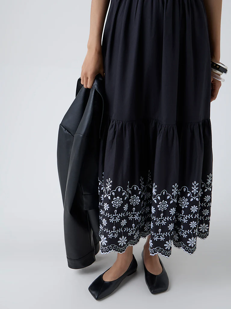 LOV Black Schiffli Embroidered Cotton Tiered Dress - Image 3