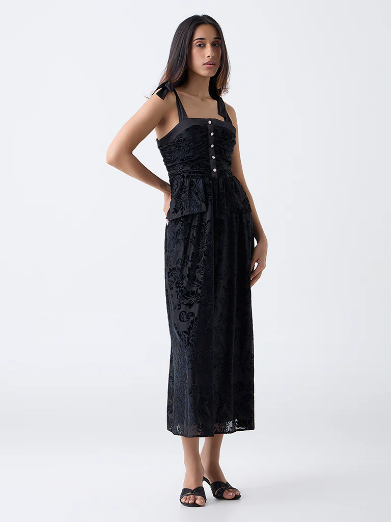 LOV Black Self-Patterned Velvet A-Line Dress - Image 2
