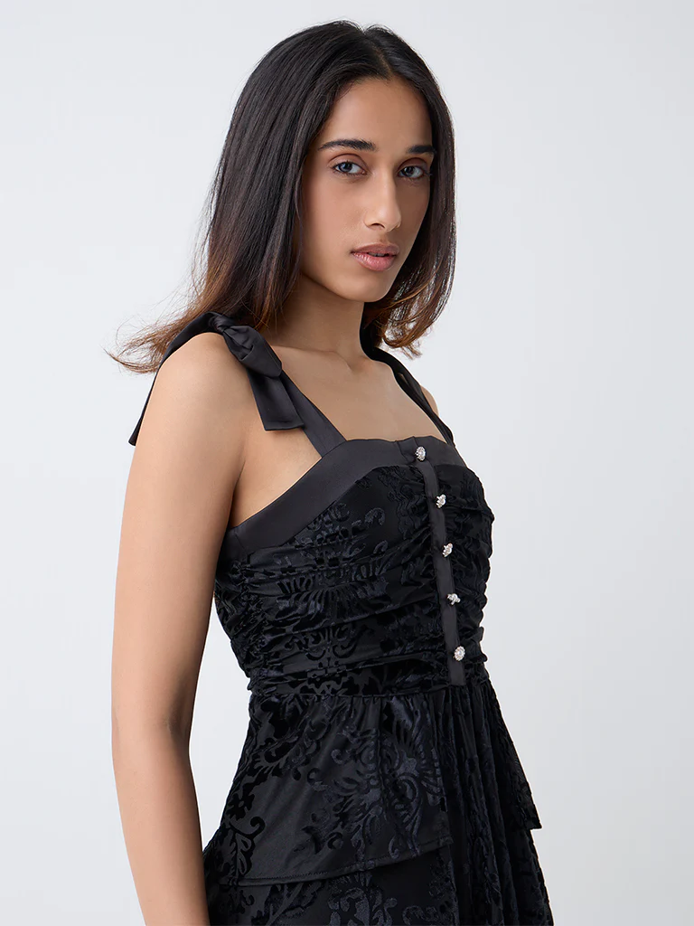 LOV Black Self-Patterned Velvet A-Line Dress - Image 3
