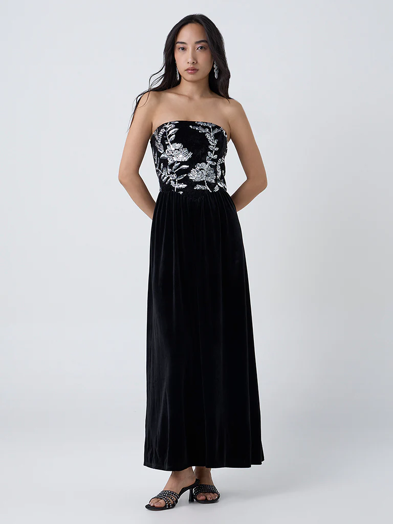 LOV Black Sequin Embellished Velvet Tube Dress