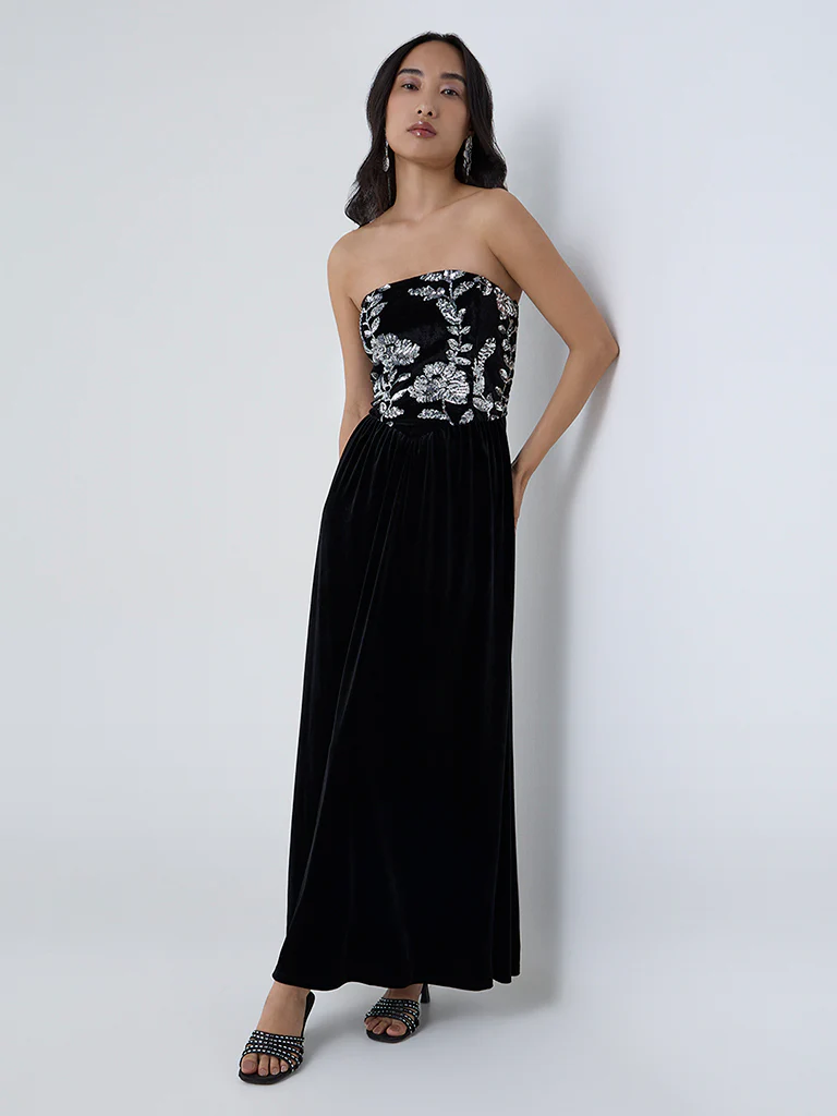 LOV Black Sequin Embellished Velvet Tube Dress - Image 3
