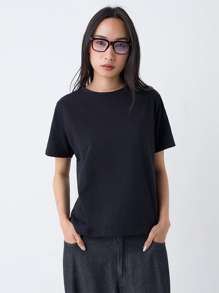 LOV Black Solid Cotton T-Shirt - Image 2